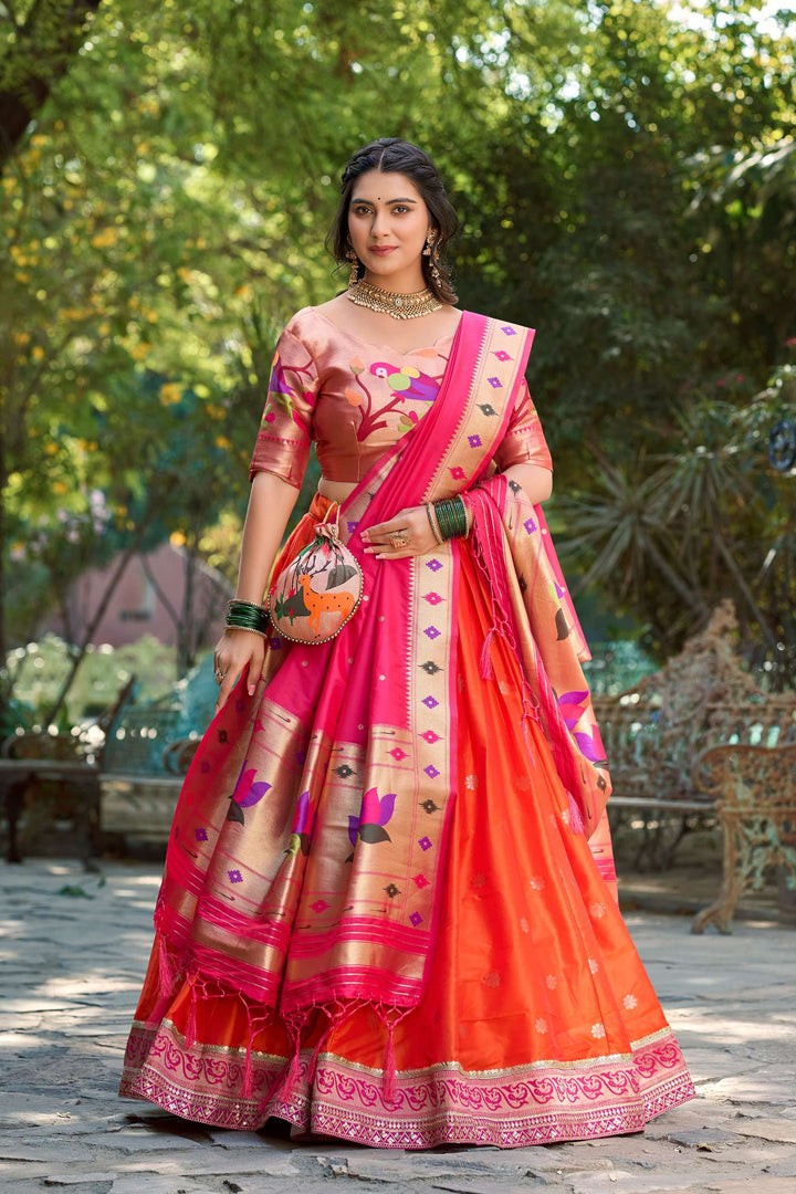 Soft Orange Jacquard Silk Paithani Lehenga Choli - PAHRAVA