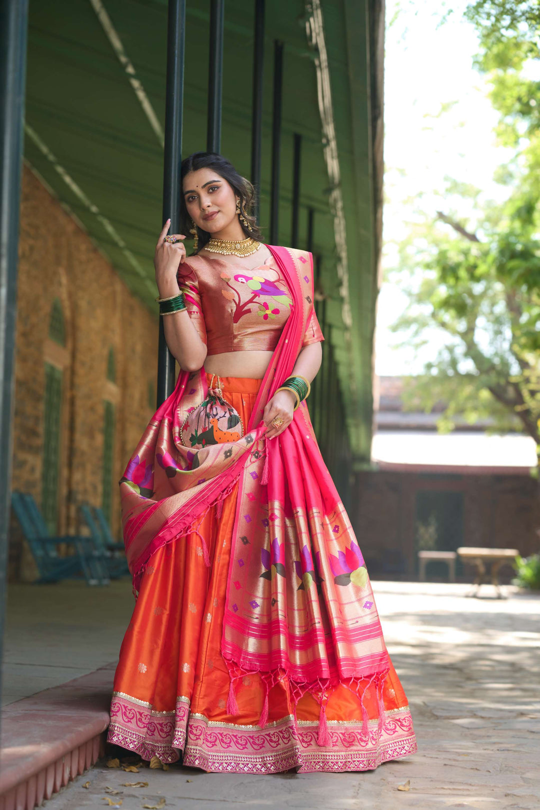 Soft Orange Jacquard Silk Paithani Lehenga Choli - PAHRAVA