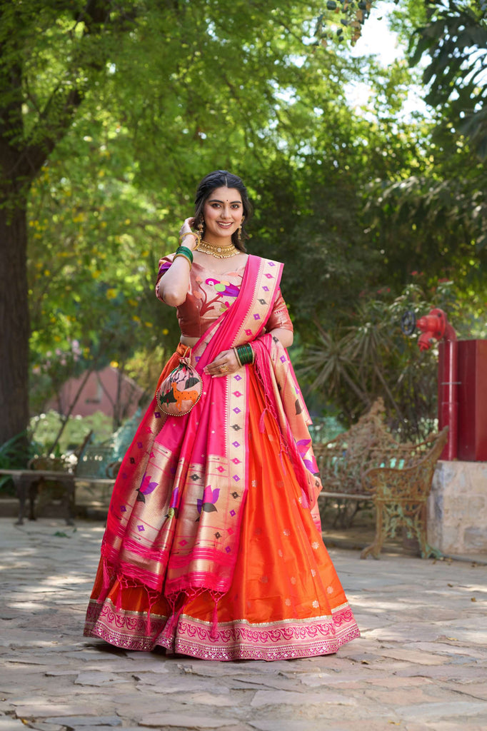 Soft Orange Jacquard Silk Paithani Lehenga Choli - PAHRAVA