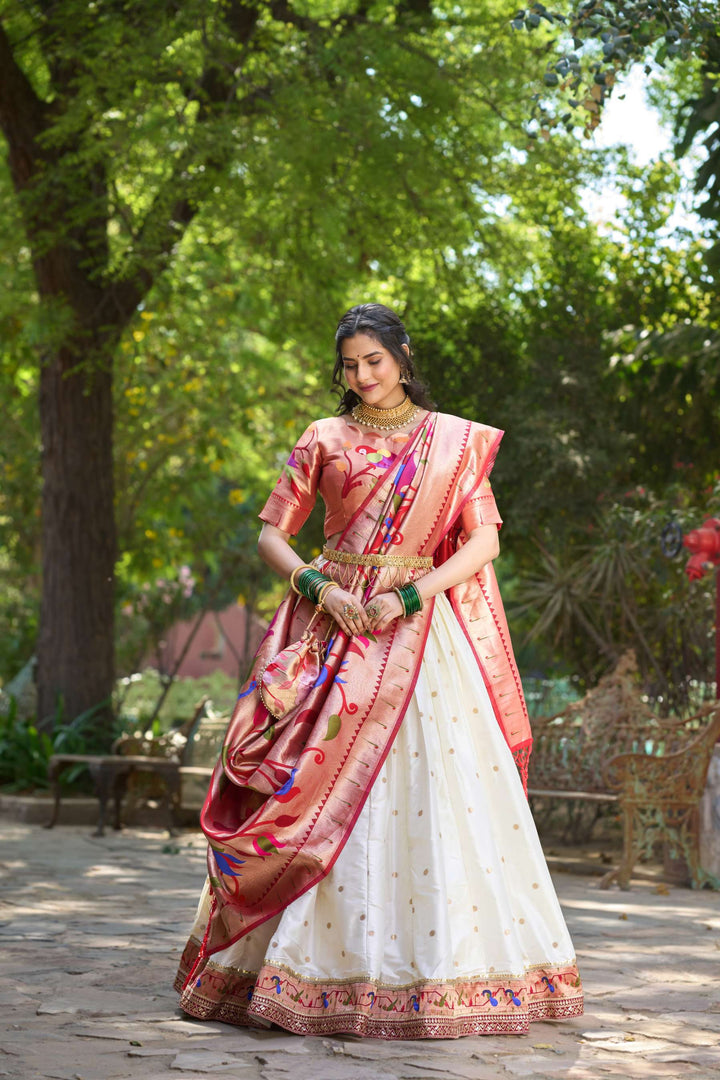 Pearl White Jacquard Silk Paithani Lehenga Choli - PAHRAVA