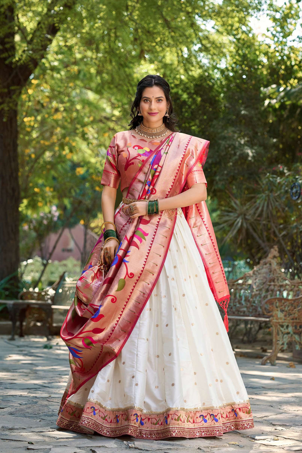 Pearl White Jacquard Silk Paithani Lehenga Choli - PAHRAVA