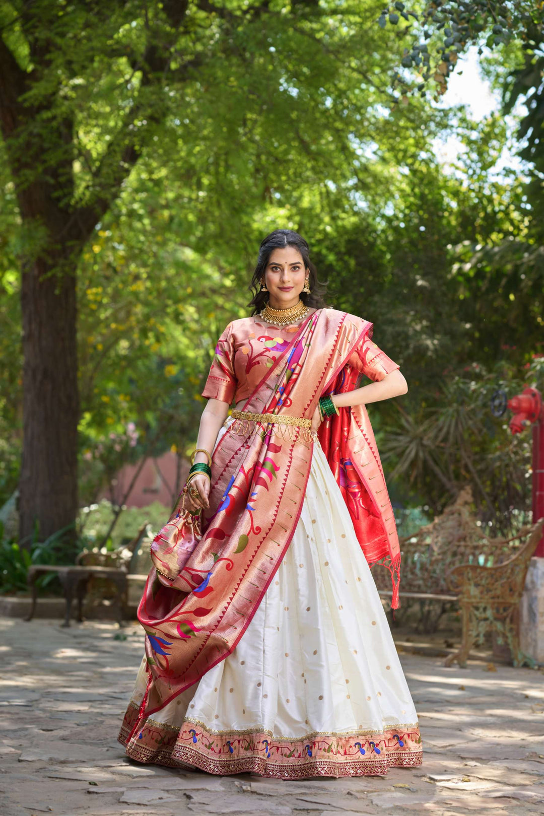 Pearl White Jacquard Silk Paithani Lehenga Choli - PAHRAVA