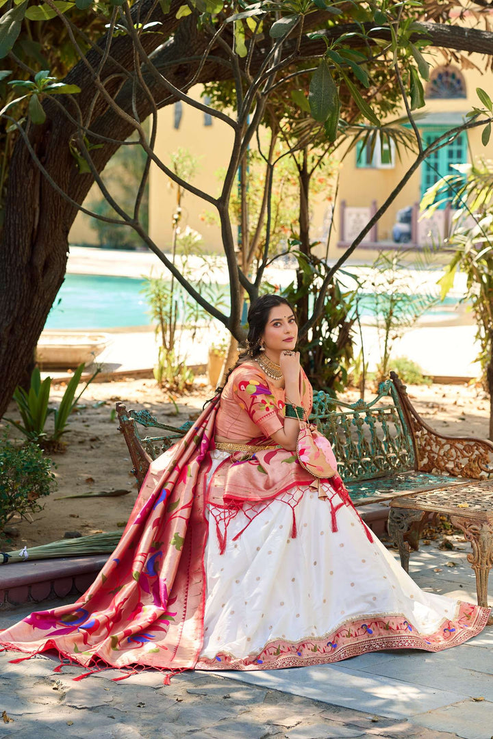 Pearl White Jacquard Silk Paithani Lehenga Choli - PAHRAVA