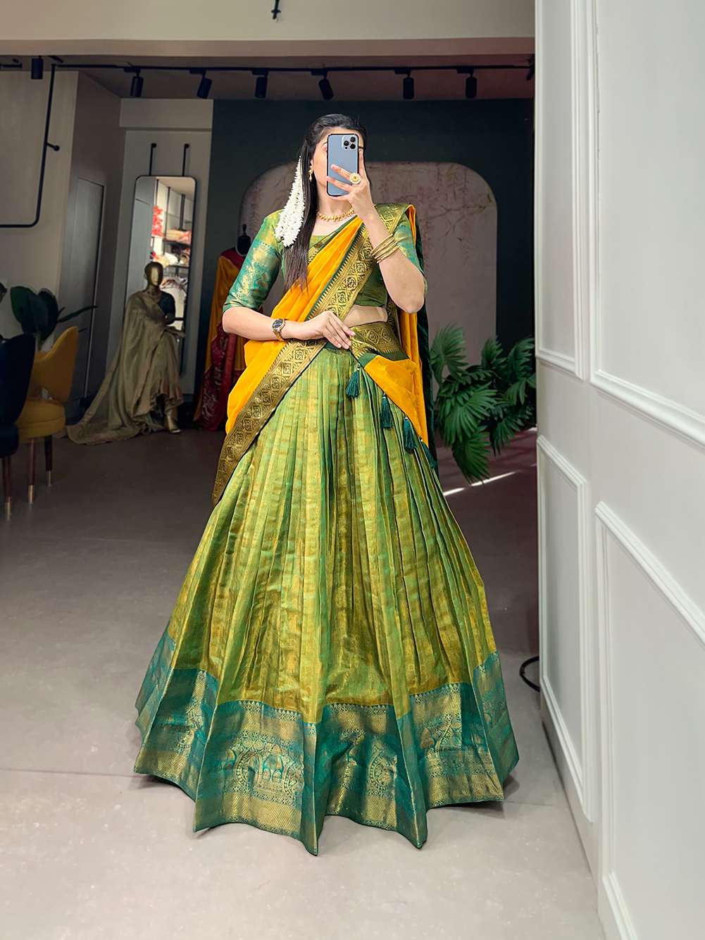 Parrot Green Rich Kanjivaram Silk Lehenga - PAHRAVA