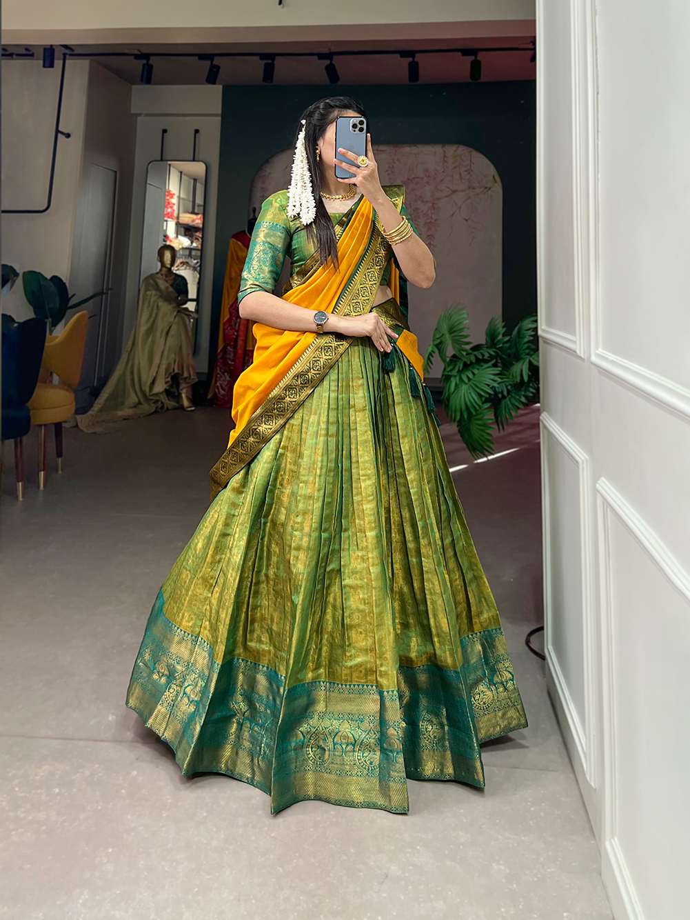 Parrot Green Rich Kanjivaram Silk Lehenga - PAHRAVA