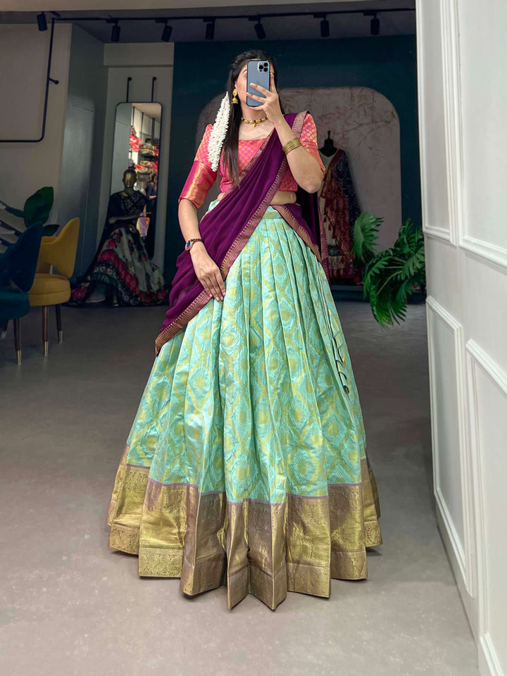 Sea Blue Jacquard Silk Lehenga Choli of Timeless Allure - PAHRAVA