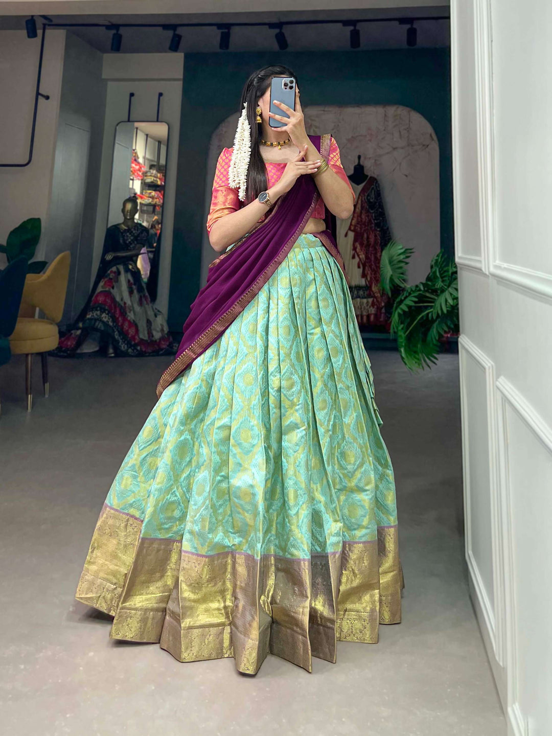 Sea Blue Jacquard Silk Lehenga Choli of Timeless Allure - PAHRAVA