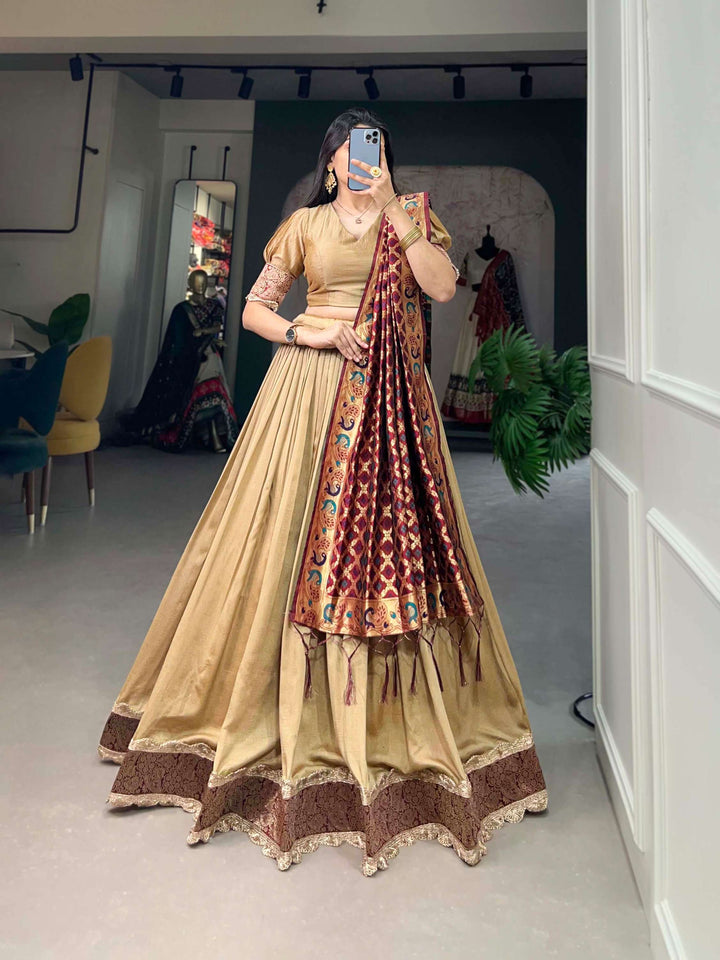 Pastel Brown Jacquard Silk Lehenga Choli Masterpiece - PAHRAVA