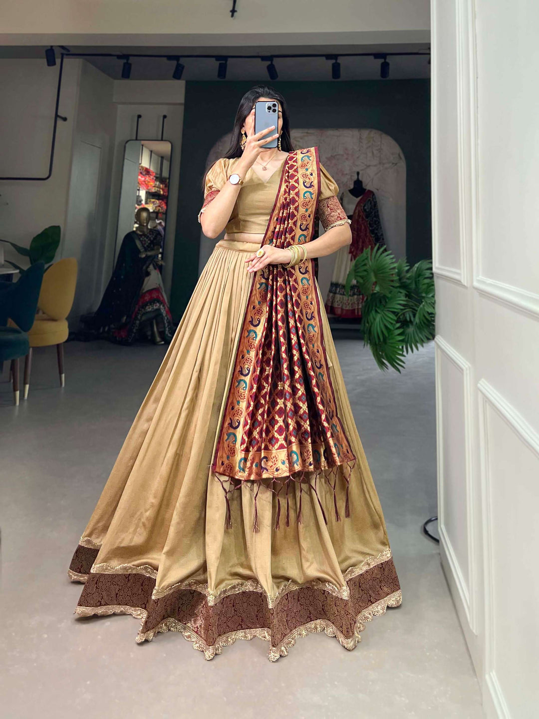 Pastel Brown Jacquard Silk Lehenga Choli Masterpiece - PAHRAVA