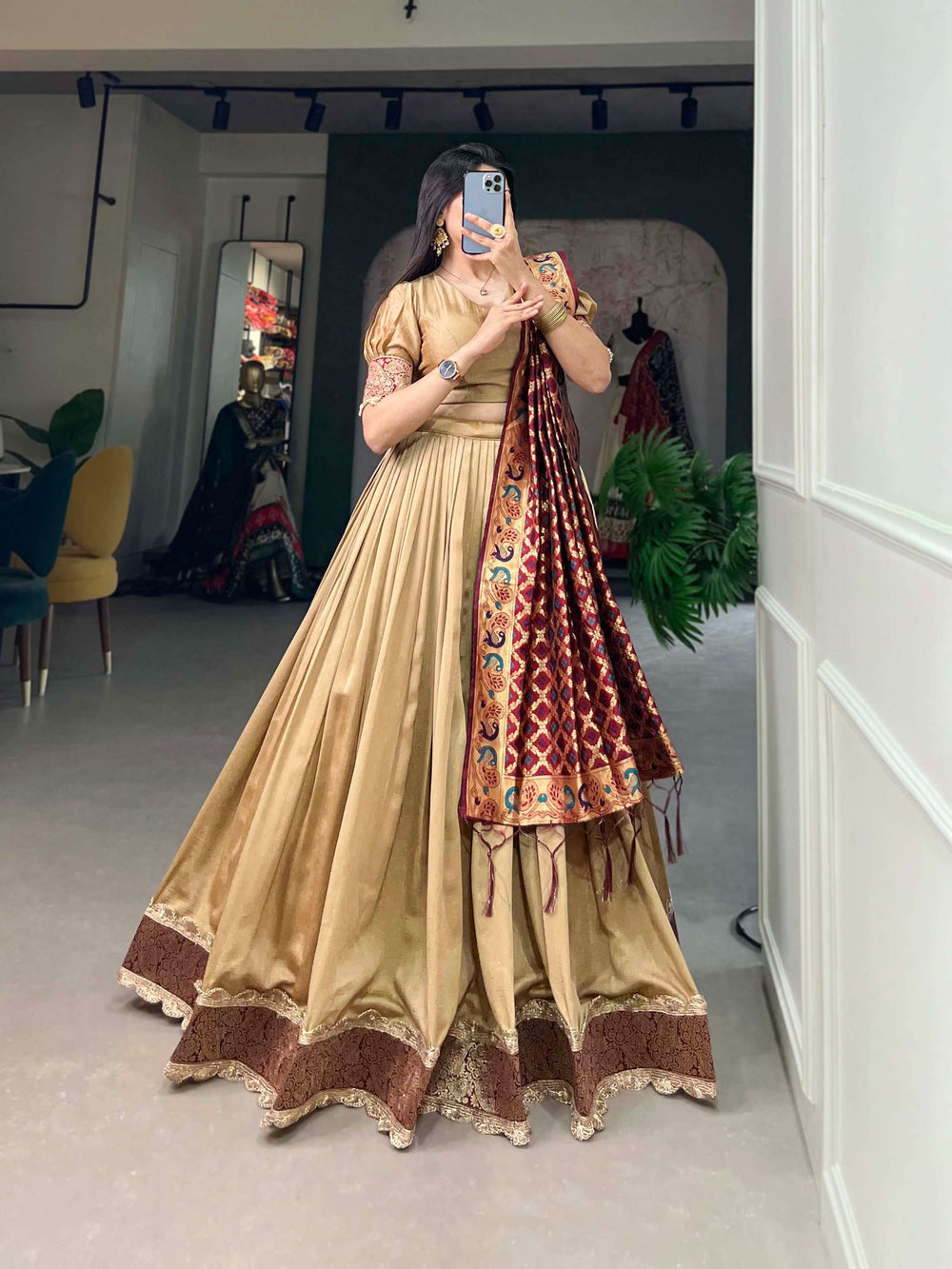 Pastel Brown Jacquard Silk Lehenga Choli Masterpiece - PAHRAVA