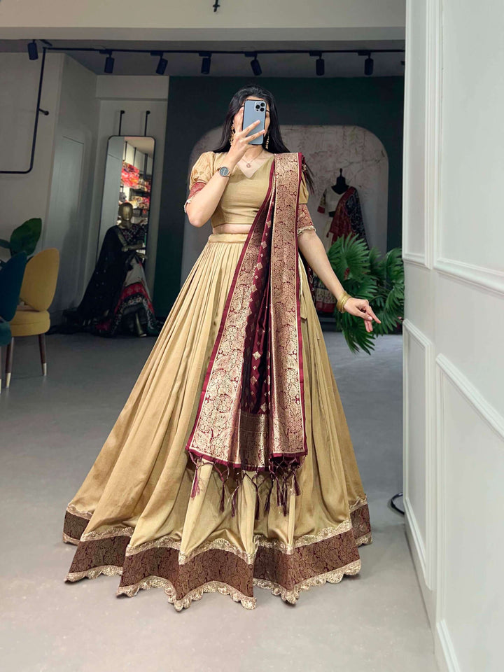 Pastel Brown Jacquard Silk Lehenga Choli Masterpiece - PAHRAVA