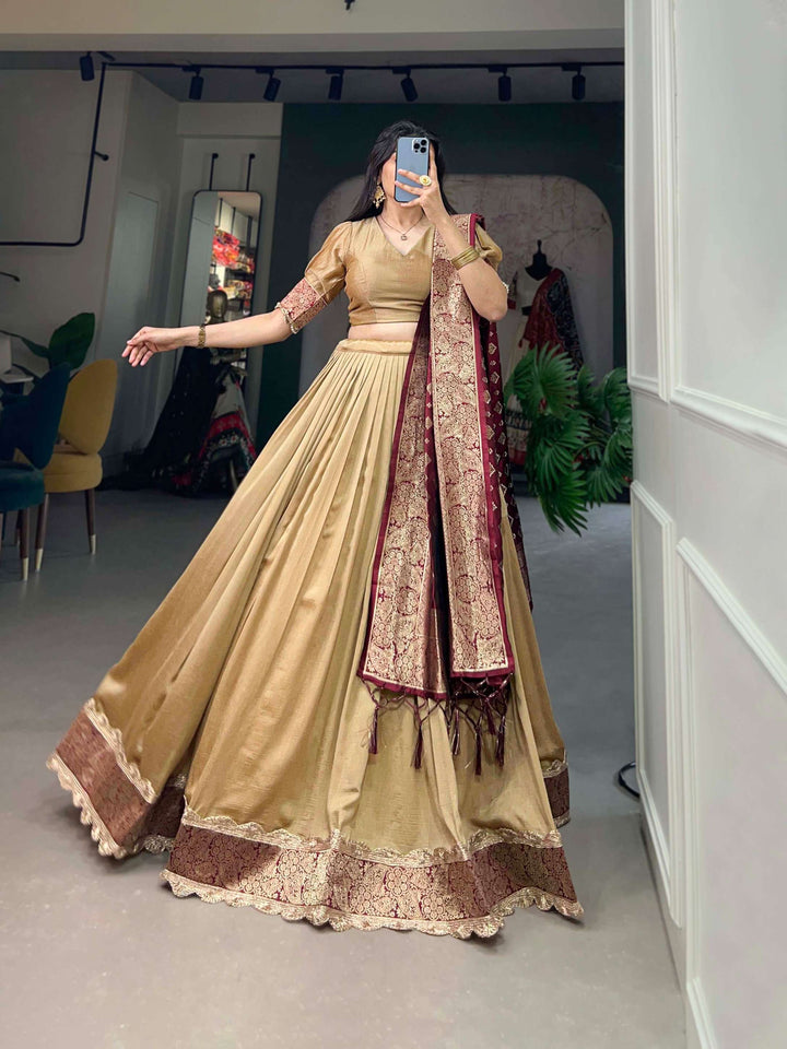 Pastel Brown Jacquard Silk Lehenga Choli Masterpiece - PAHRAVA