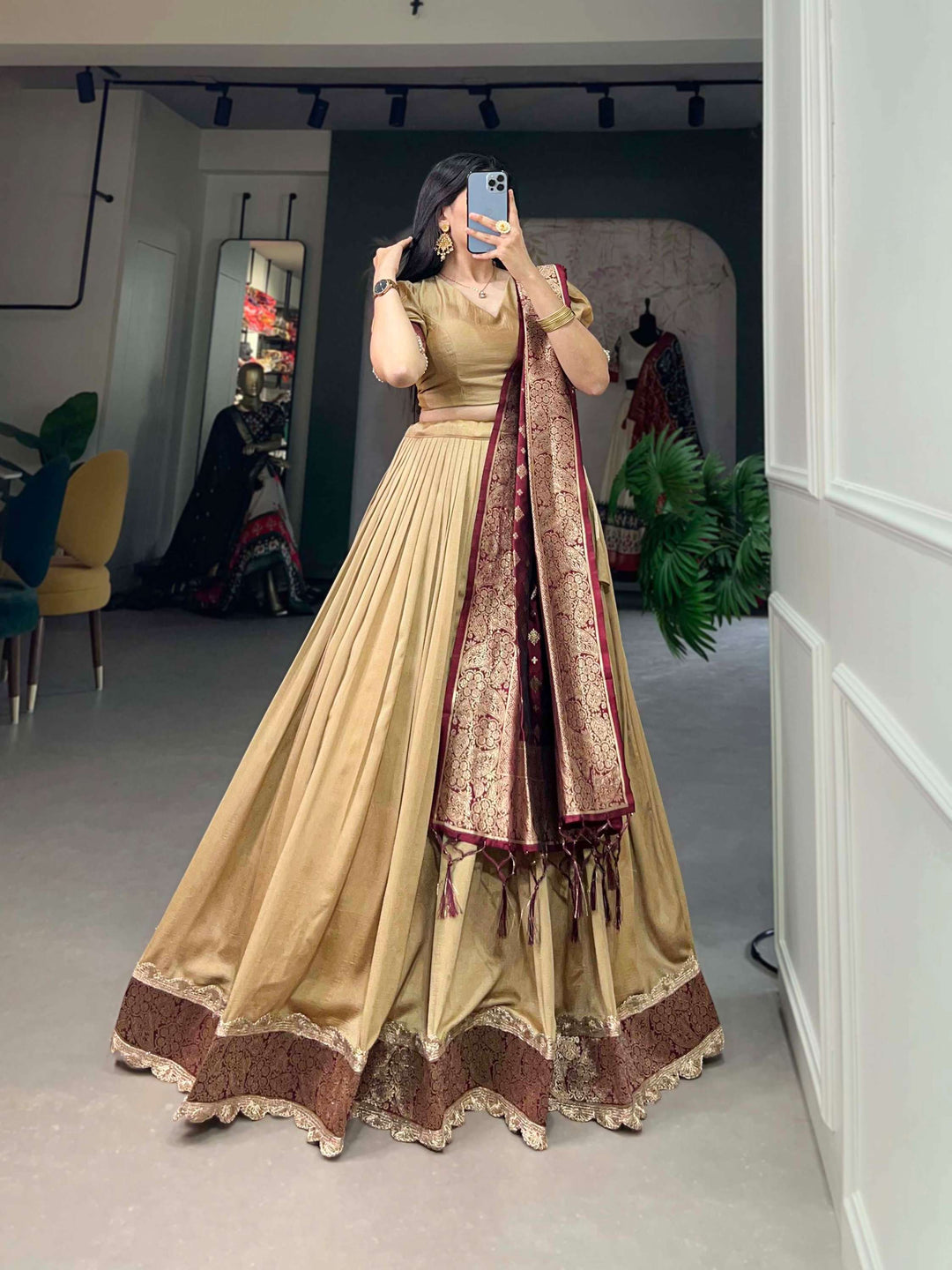 Pastel Brown Jacquard Silk Lehenga Choli Masterpiece - PAHRAVA