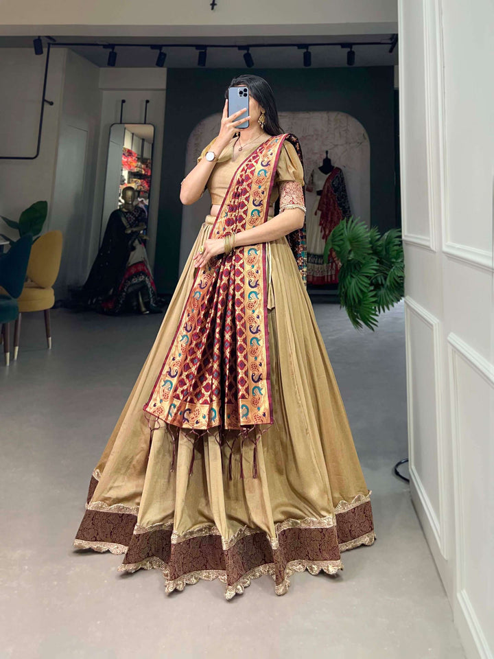 Pastel Brown Jacquard Silk Lehenga Choli Masterpiece - PAHRAVA