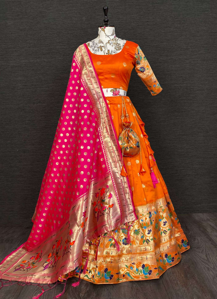 Orange Jacquard Lehenga with Intricate Weaving - PAHRAVA