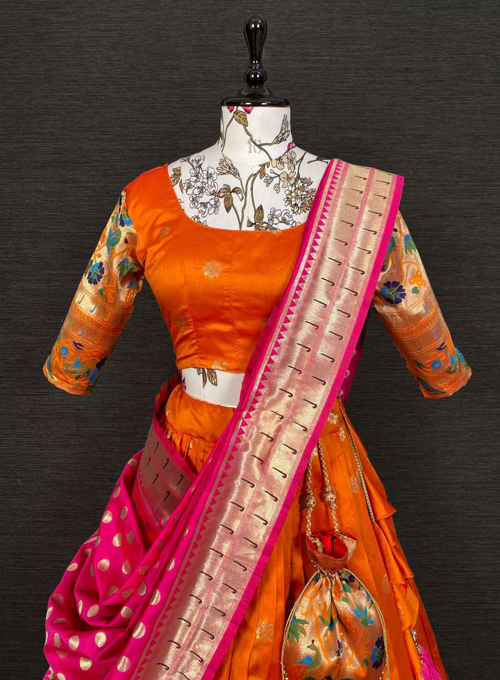 Orange Jacquard Lehenga with Intricate Weaving - PAHRAVA