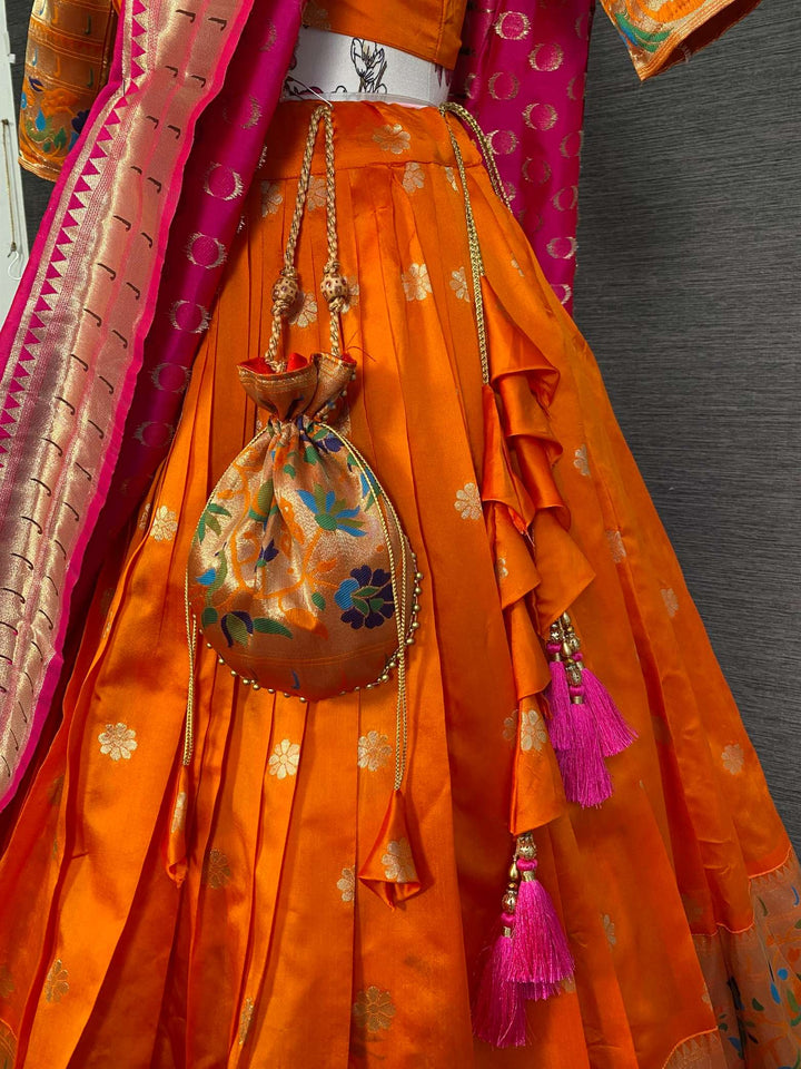 Orange Jacquard Lehenga with Intricate Weaving - PAHRAVA