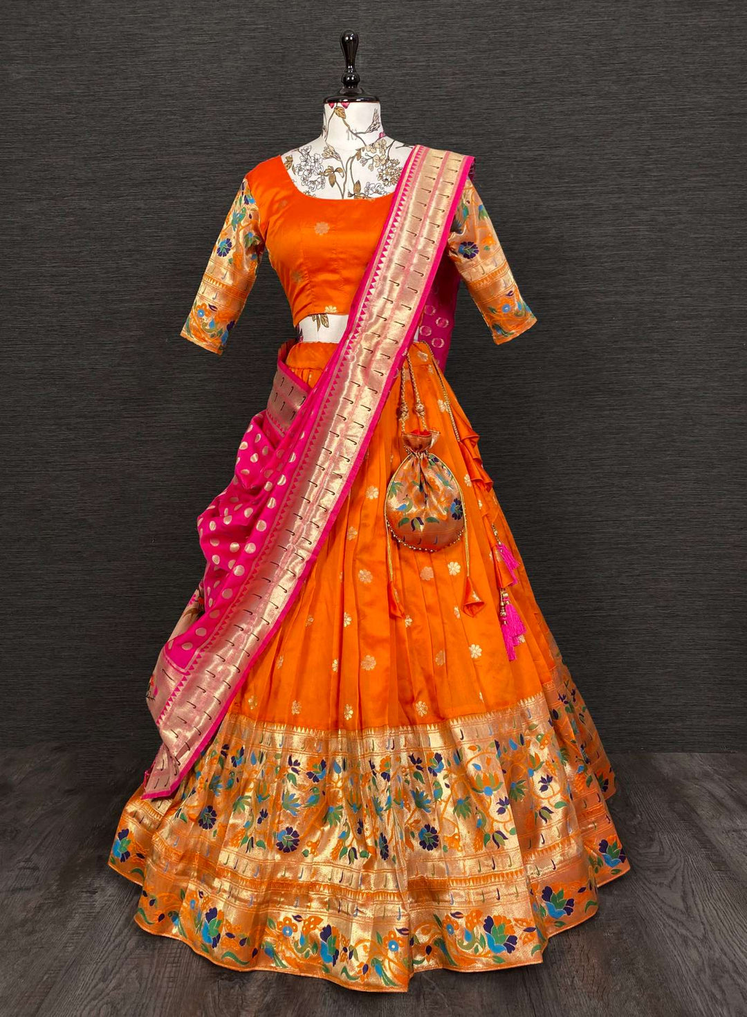 Orange Jacquard Lehenga with Intricate Weaving - PAHRAVA