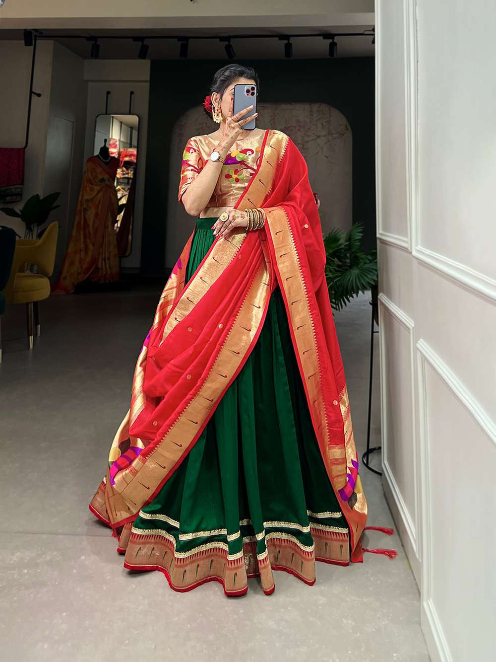 Dark Green Paithani Silk Lehenga Set - PAHRAVA