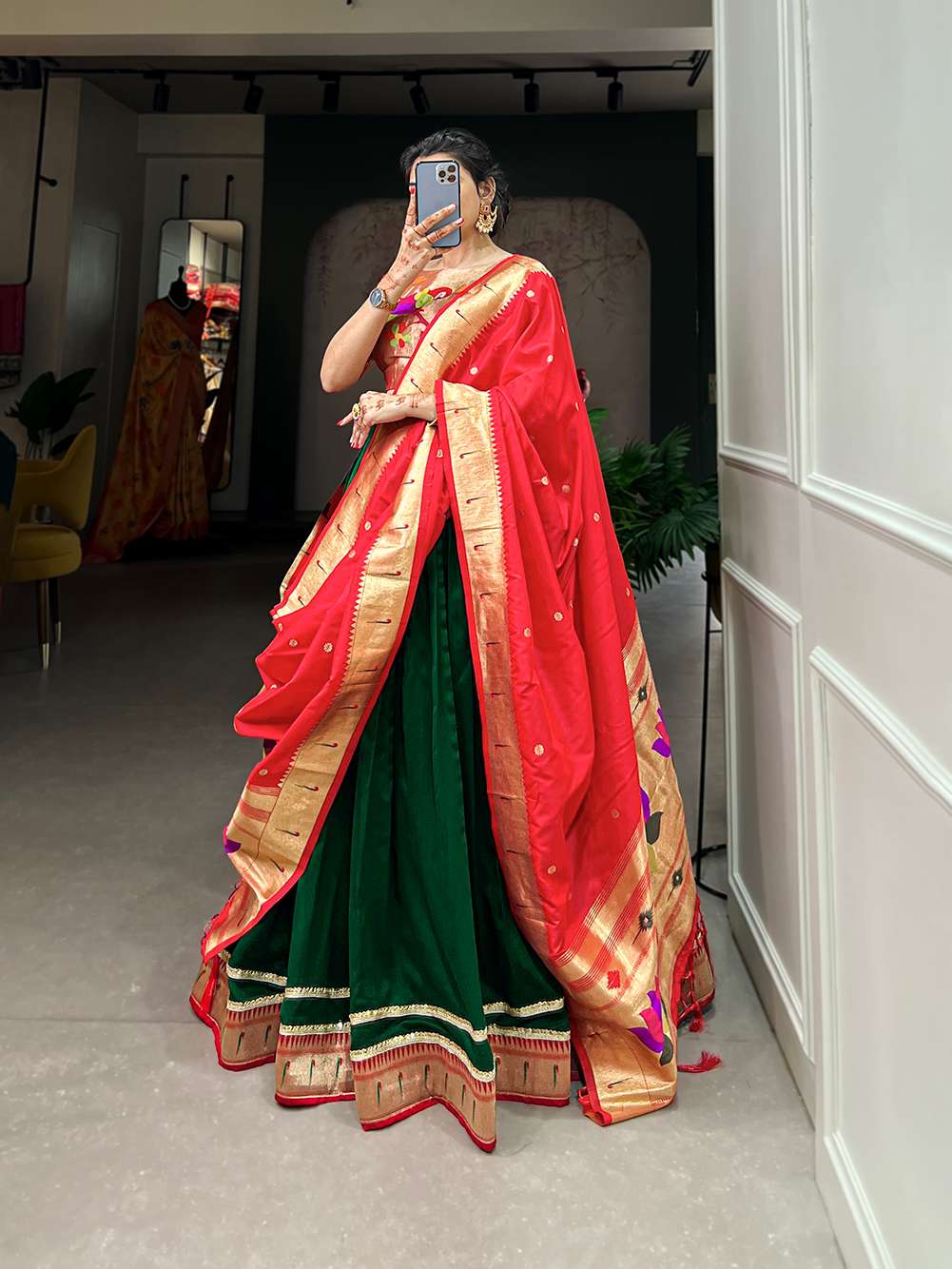 Dark Green Paithani Silk Lehenga Set - PAHRAVA