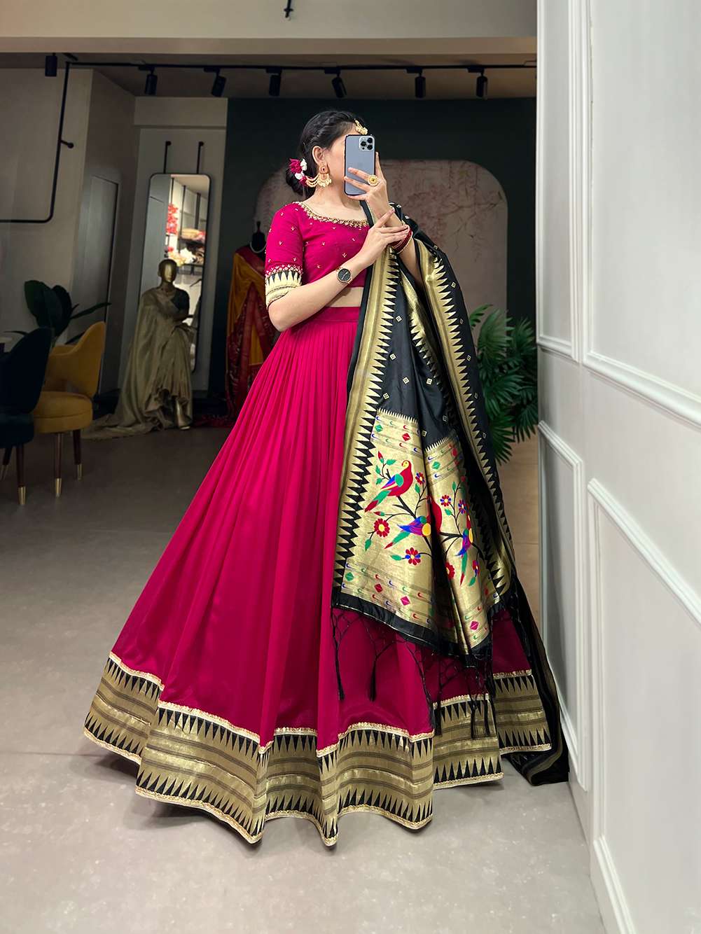 Rani Pink Vichitra Silk Lehenga Set - PAHRAVA