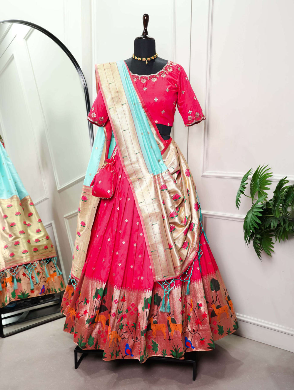 Rani Pink With Blue Dupatta Vichitra Silk Lehenga Choli - PAHRAVA