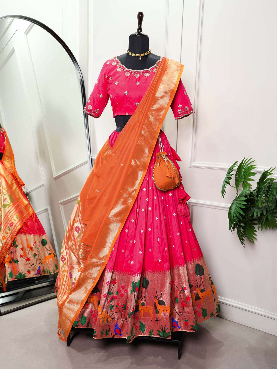 Rani Pink With Orange Dupatta Vichitra Silk Lehenga Choli - PAHRAVA