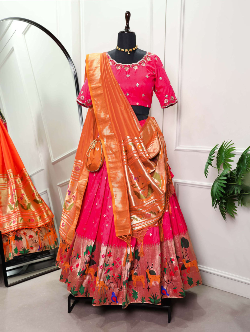 Rani Pink With Orange Dupatta Vichitra Silk Lehenga Choli - PAHRAVA