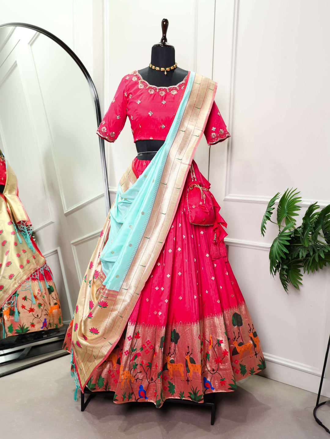 Rani Pink With Blue Dupatta Vichitra Silk Lehenga Choli - PAHRAVA