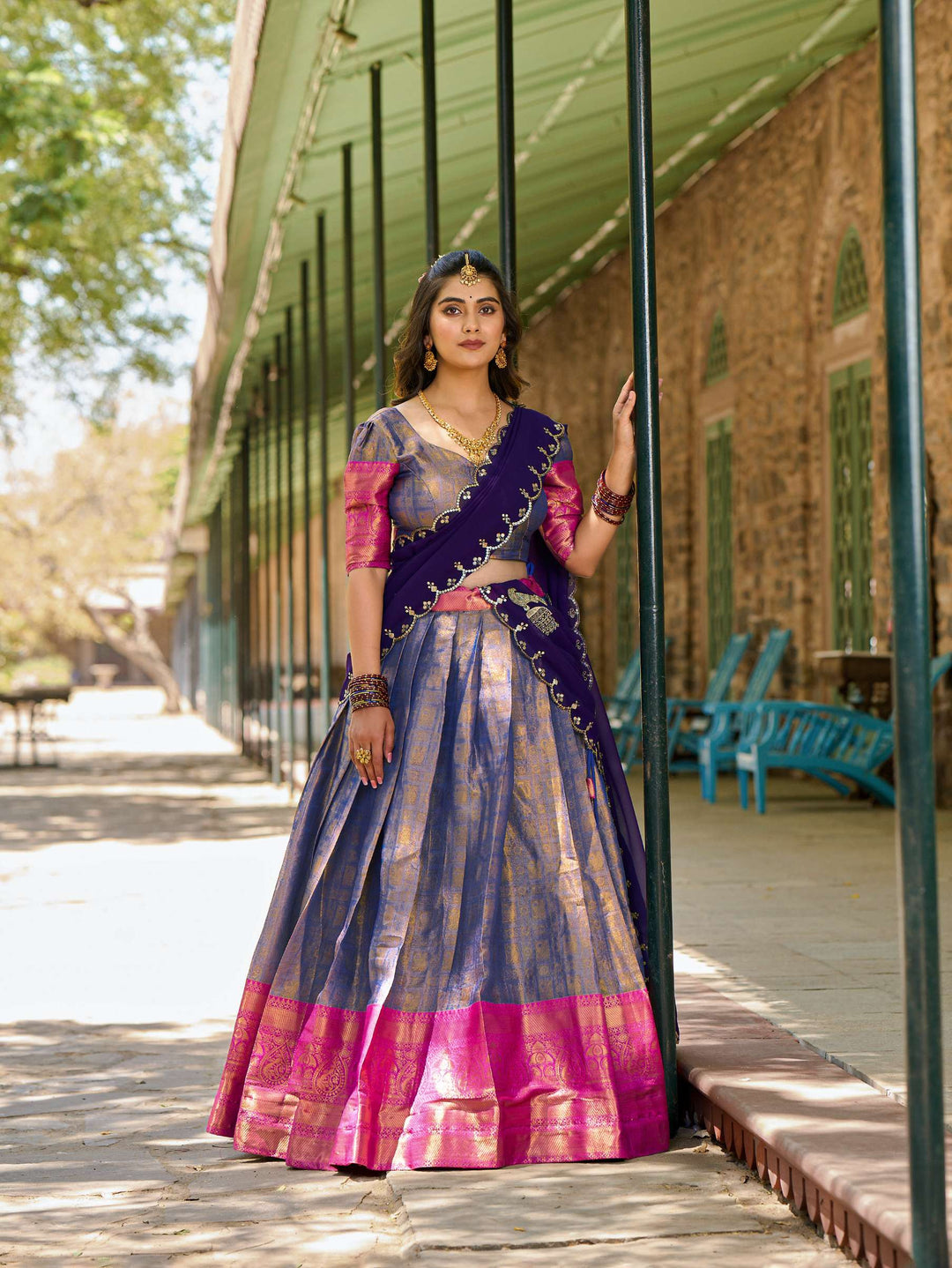 Pastel Lavender Kanjivaram Silk Lehenga Choli with Embroidered Dupatta - PAHRAVA