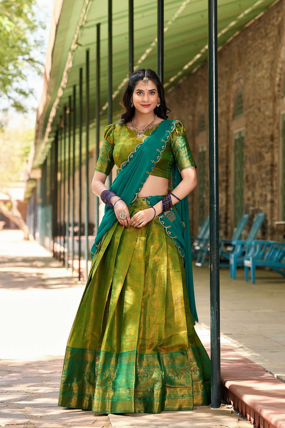 Pastel Green Kanjivaram Silk Lehenga Choli with Embroidered Dupatta - PAHRAVA