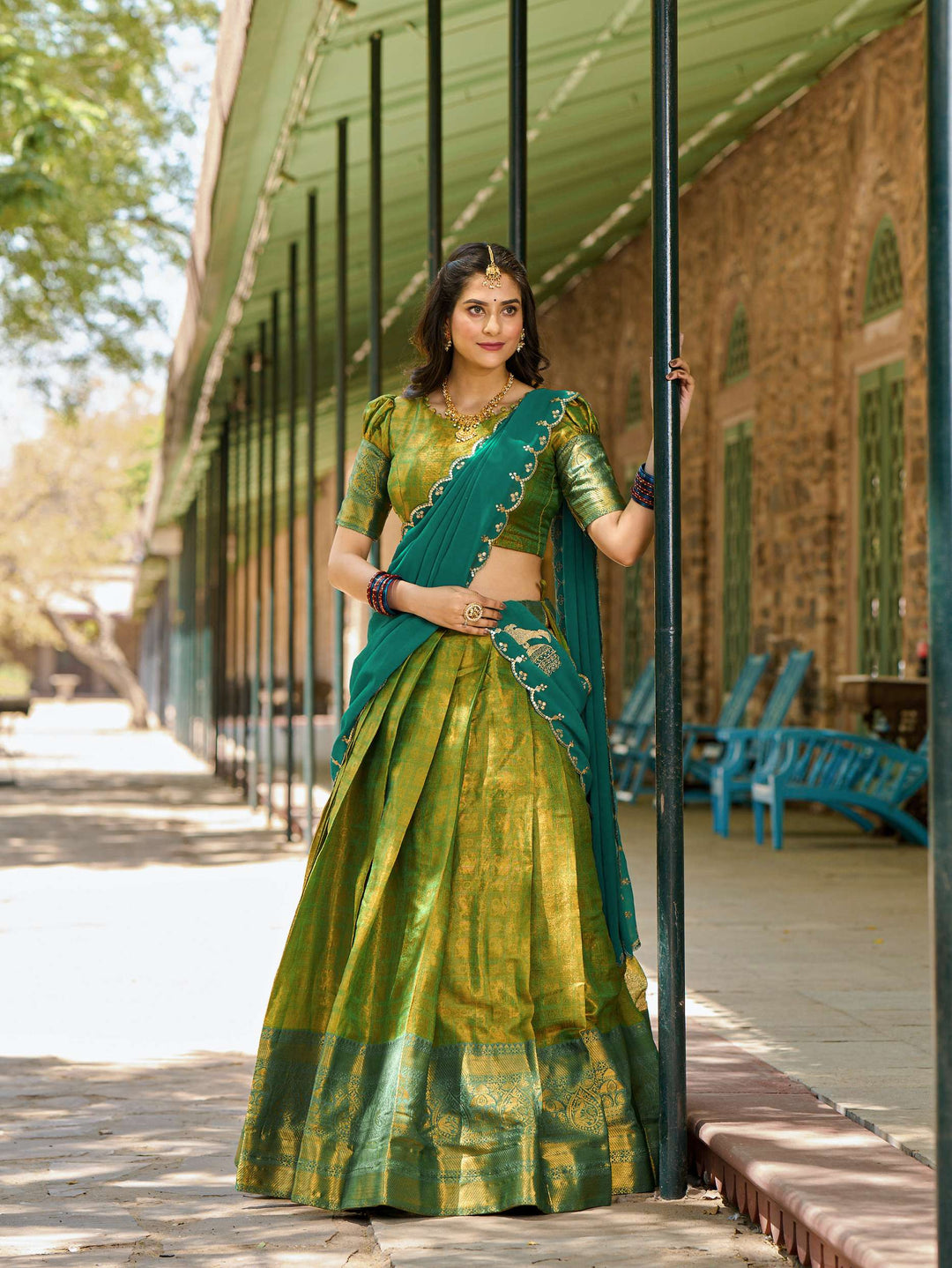 Pastel Green Kanjivaram Silk Lehenga Choli with Embroidered Dupatta - PAHRAVA