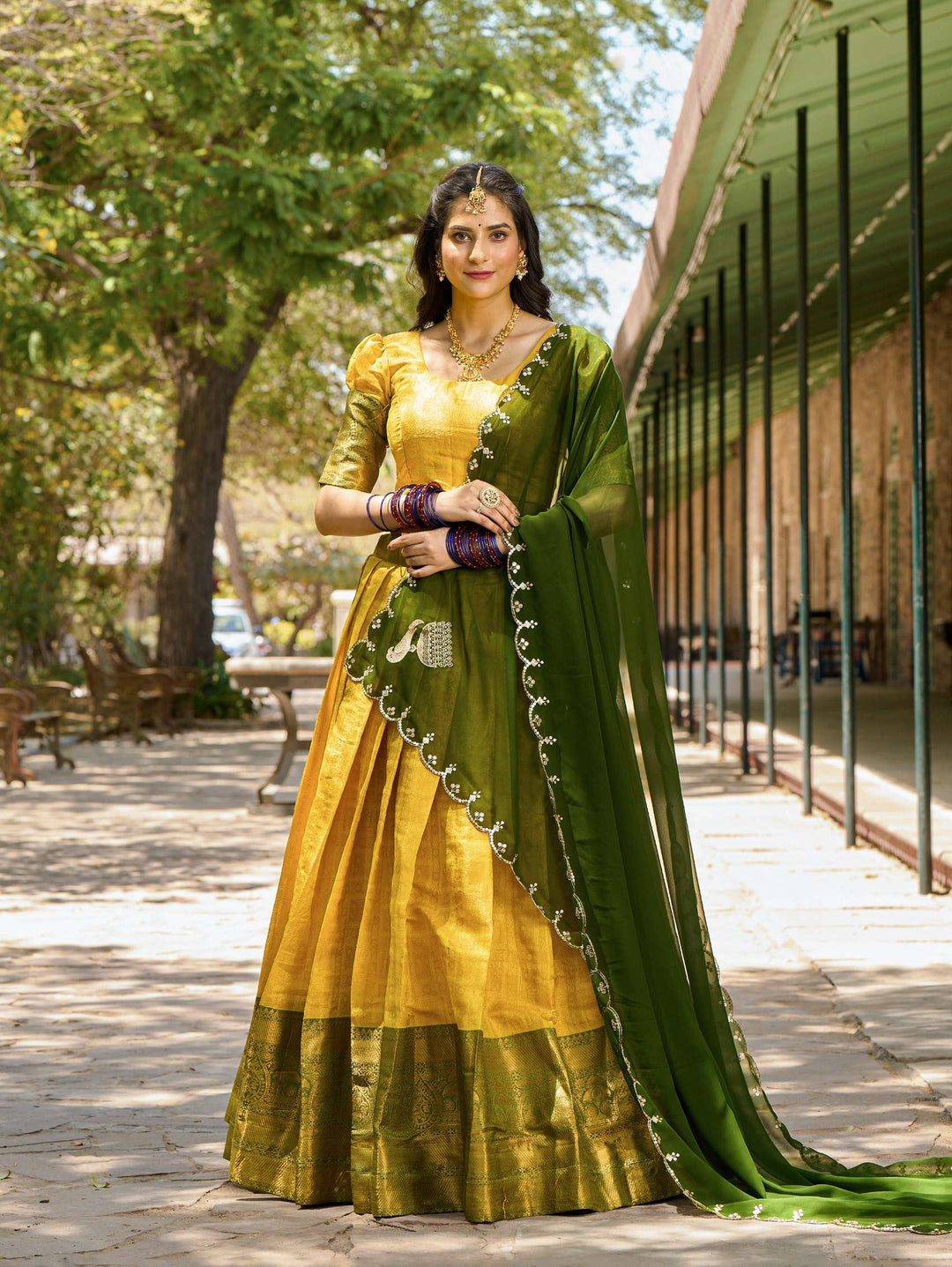 Pastel Yellow Kanjivaram Silk Lehenga Choli with Embroidered Dupatta - PAHRAVA