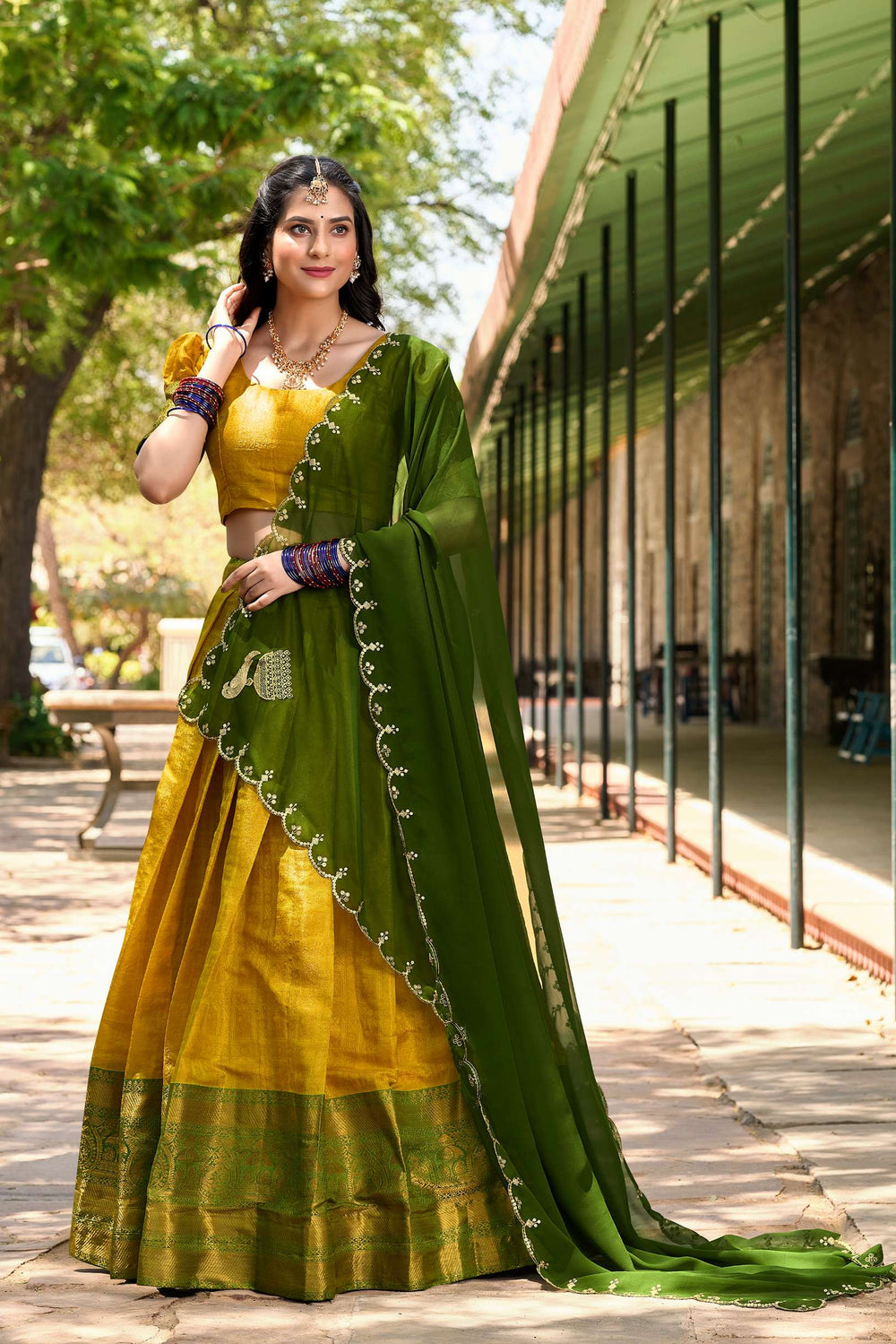 Pastel Yellow Kanjivaram Silk Lehenga Choli with Embroidered Dupatta - PAHRAVA