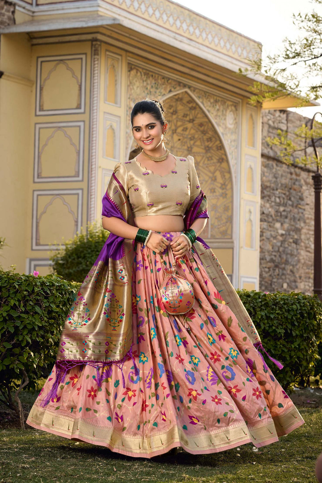 Plum Peach Jacquard Silk Paithani Lehenga Choli - PAHRAVA