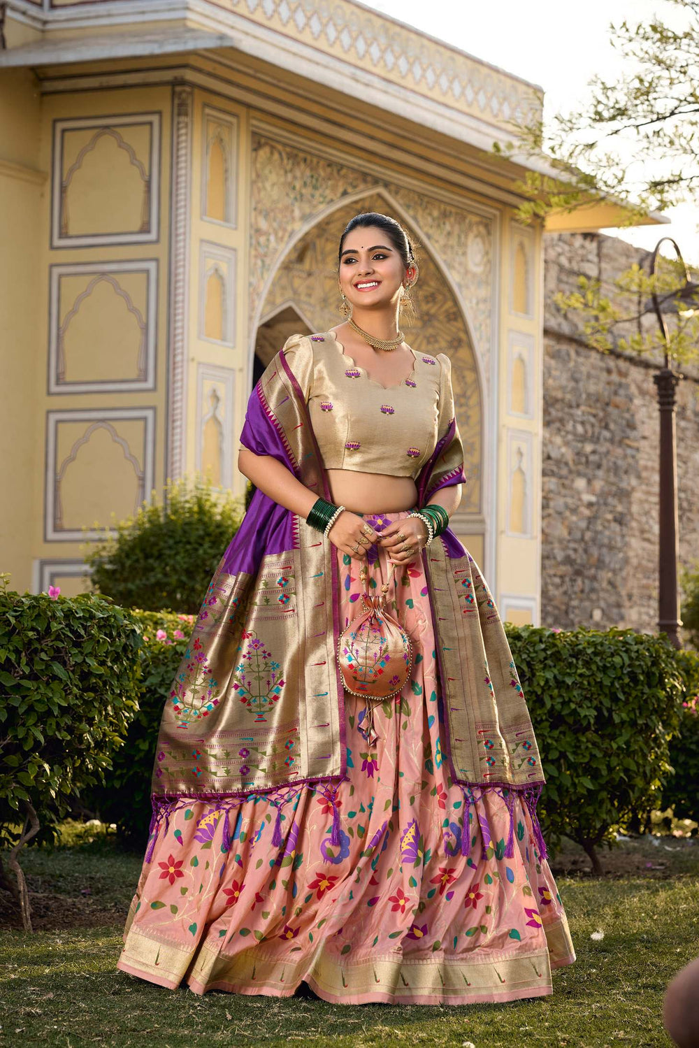 Plum Peach Jacquard Silk Paithani Lehenga Choli - PAHRAVA