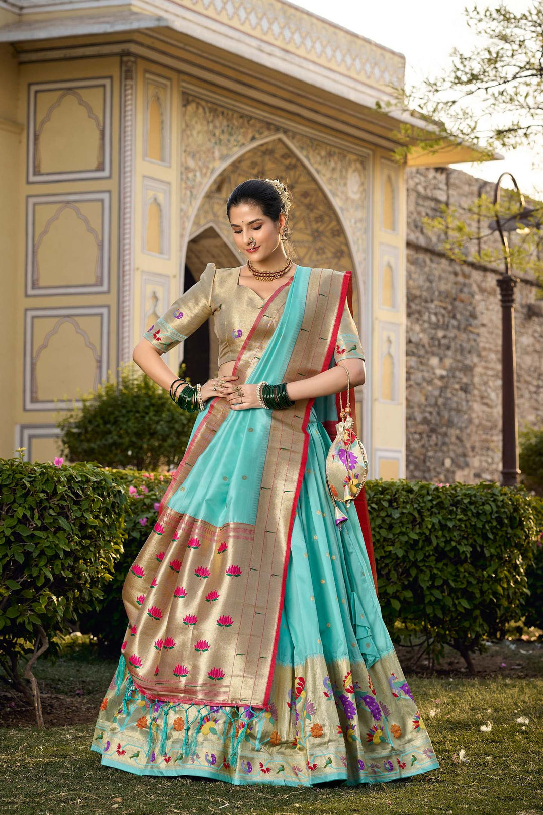 Sea Blue Jacquard Silk Paithani Lehenga Choli - PAHRAVA