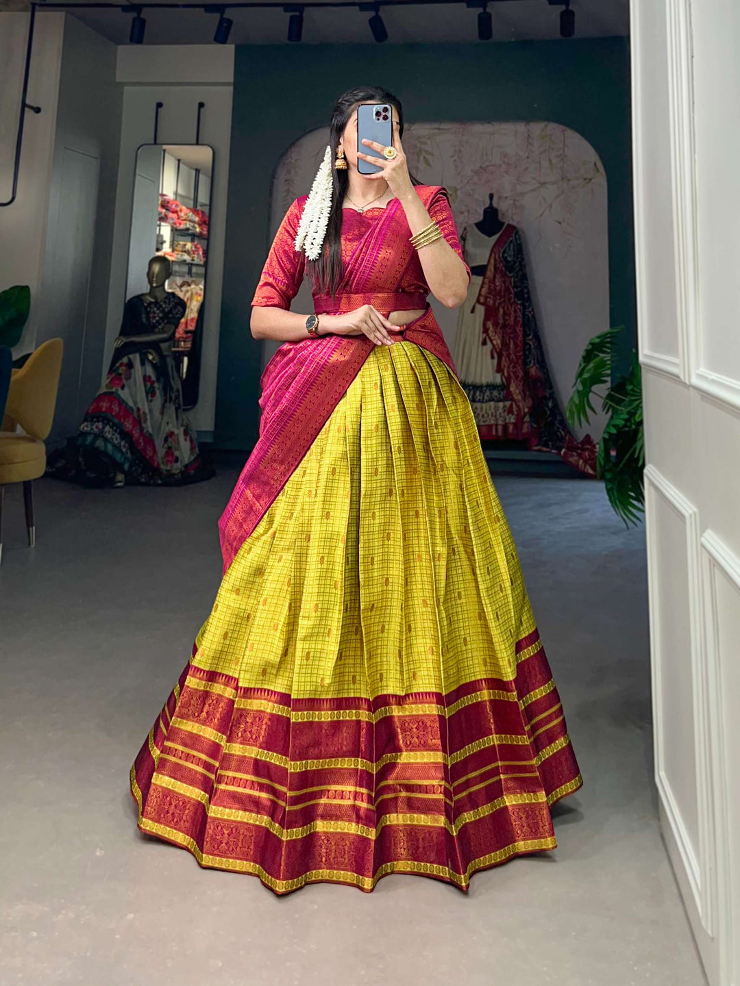 Lemon Yellow Jacquard Silk Lehenga Choli - PAHRAVA