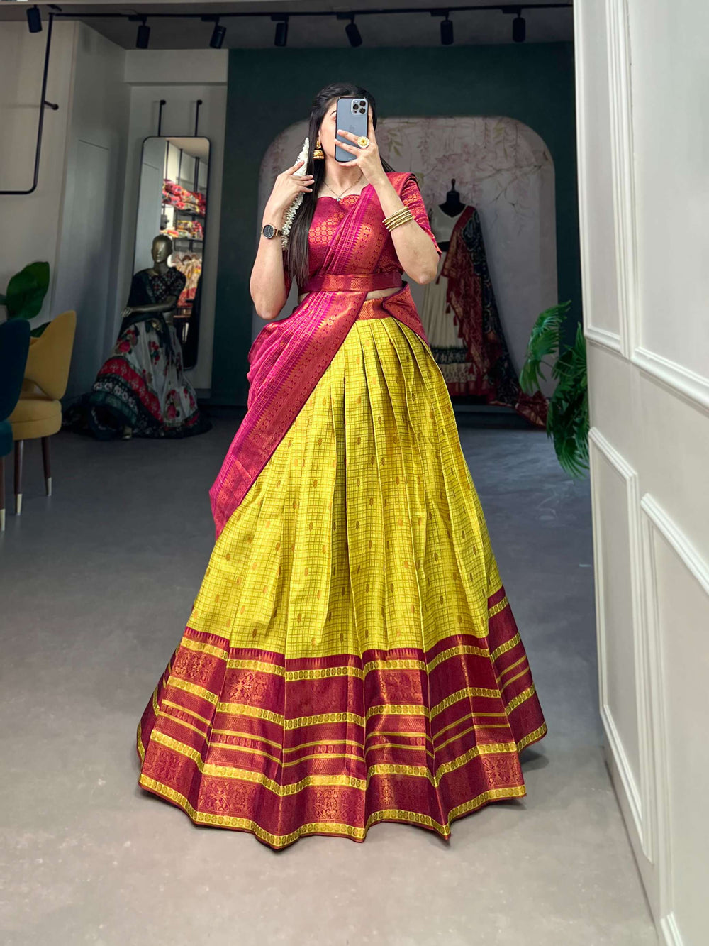 Lemon Yellow Jacquard Silk Lehenga Choli - PAHRAVA