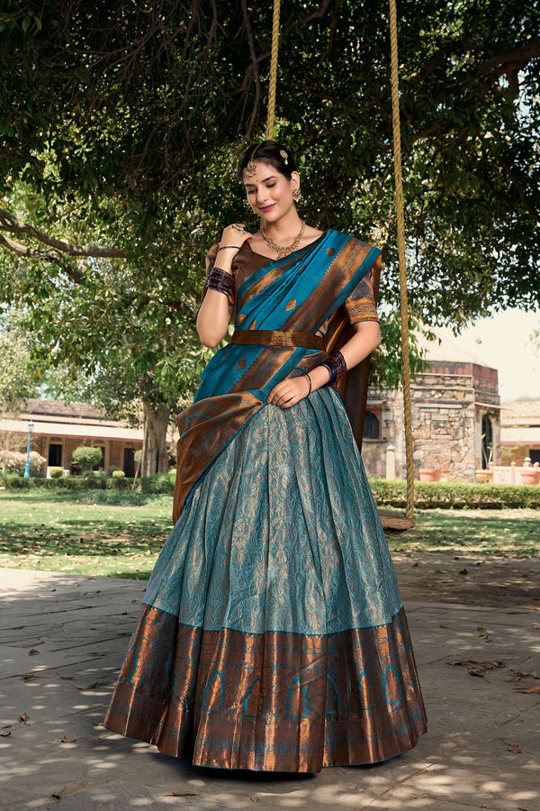 Sea Blue Jacquard Silk Pattu Lehenga Choli - PAHRAVA