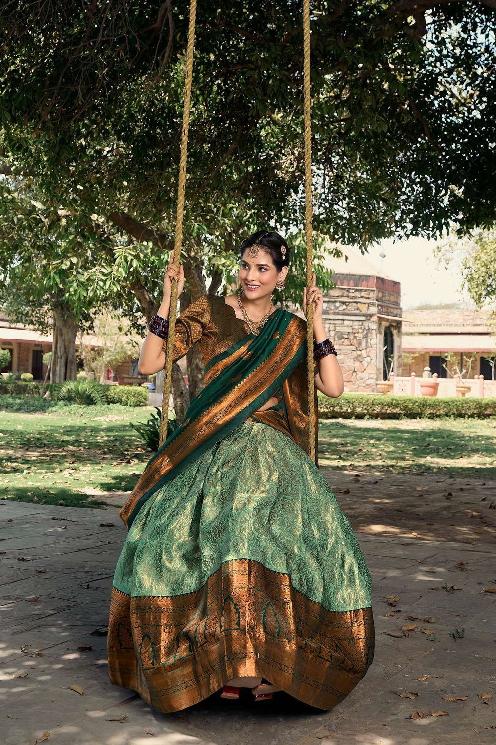 Sea Green Jacquard Silk Pattu Lehenga Choli - PAHRAVA