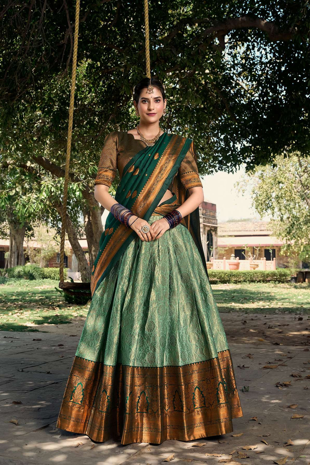 Sea Green Jacquard Silk Pattu Lehenga Choli - PAHRAVA