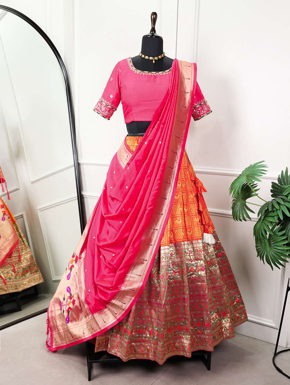 Jacquard Orange Lehenga with Handwork Blouse and Paithani Silk Dupatta - PAHRAVA