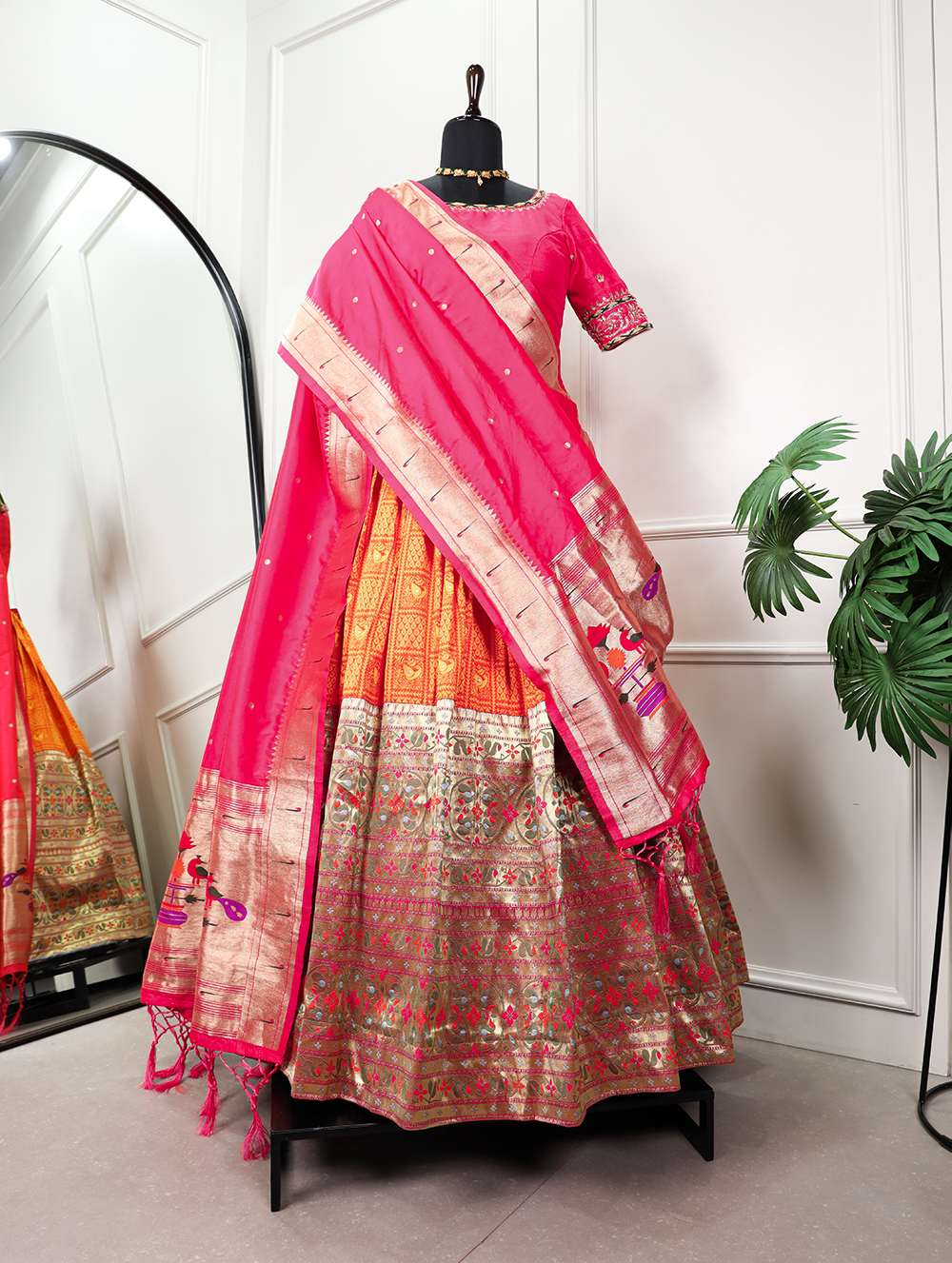 Jacquard Orange Lehenga with Handwork Blouse and Paithani Silk Dupatta - PAHRAVA