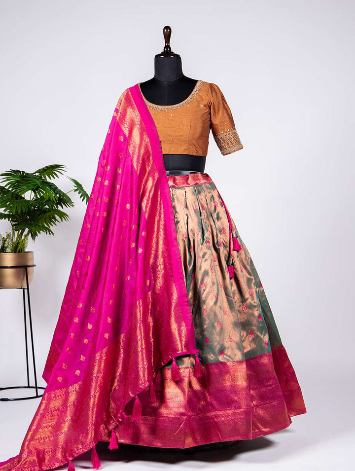 Pastel Mehndi Weaving Silk Lehenga Choli - PAHRAVA