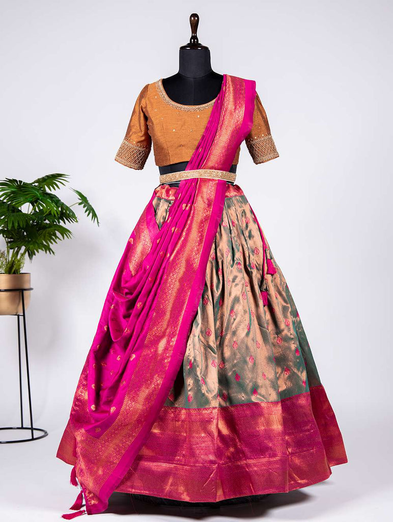 Pastel Mehndi Weaving Silk Lehenga Choli - PAHRAVA