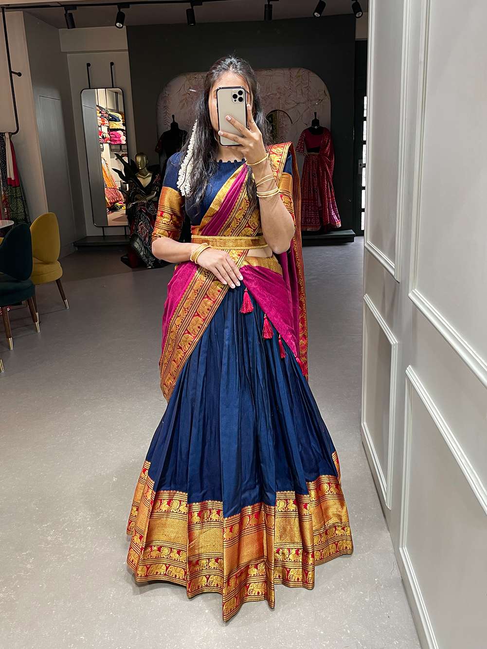 Navy Blue Narayan Pet Cotton Lehenga Choli - PAHRAVA