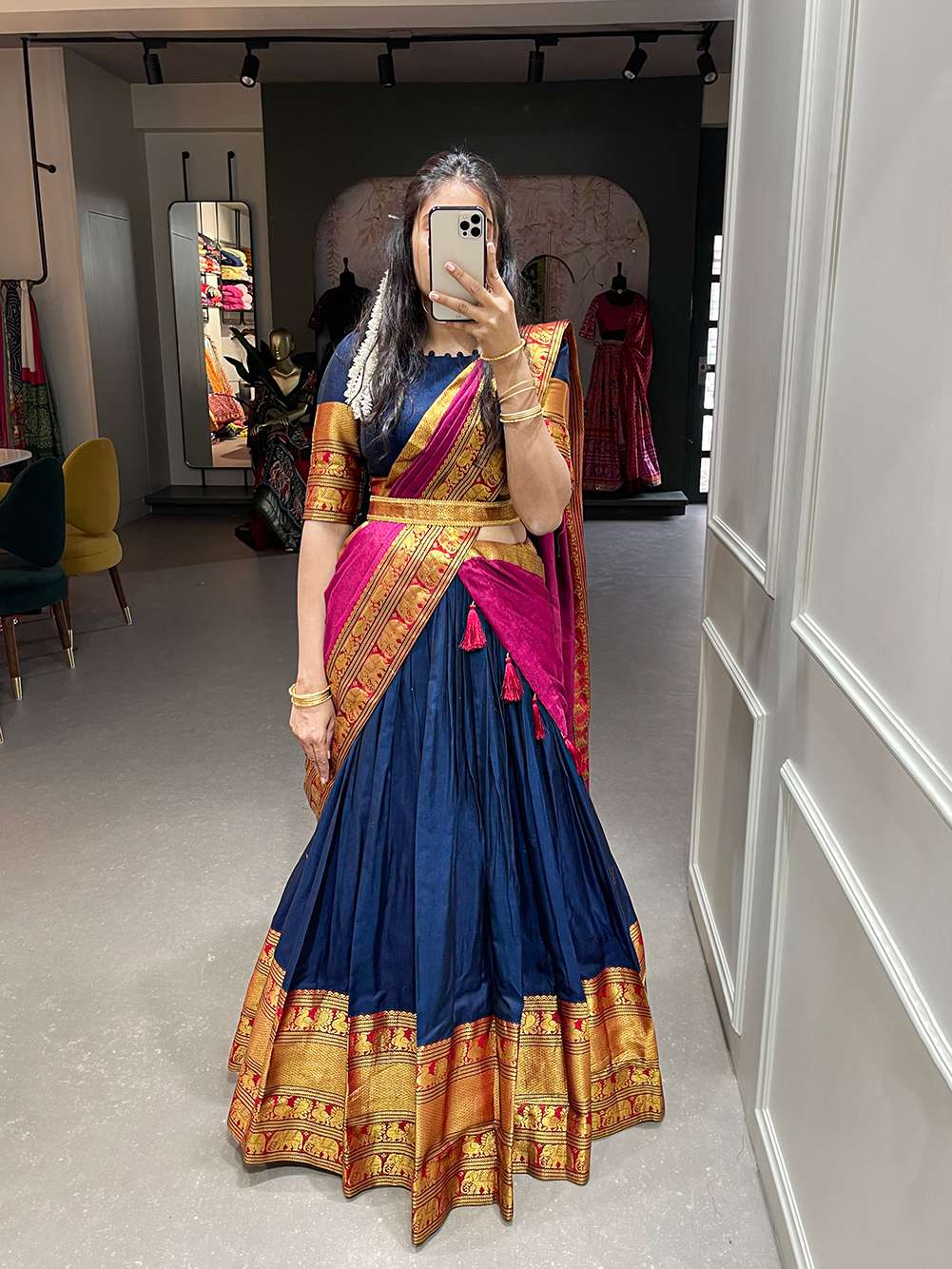 Navy Blue Narayan Pet Cotton Lehenga Choli - PAHRAVA