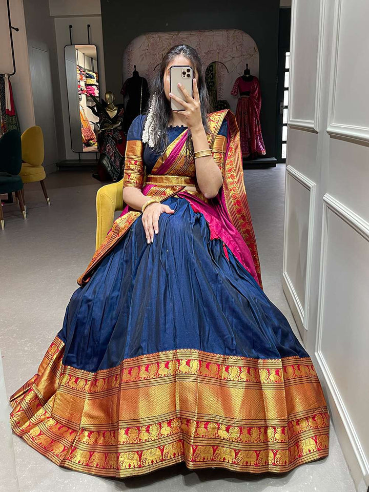 Navy Blue Narayan Pet Cotton Lehenga Choli - PAHRAVA