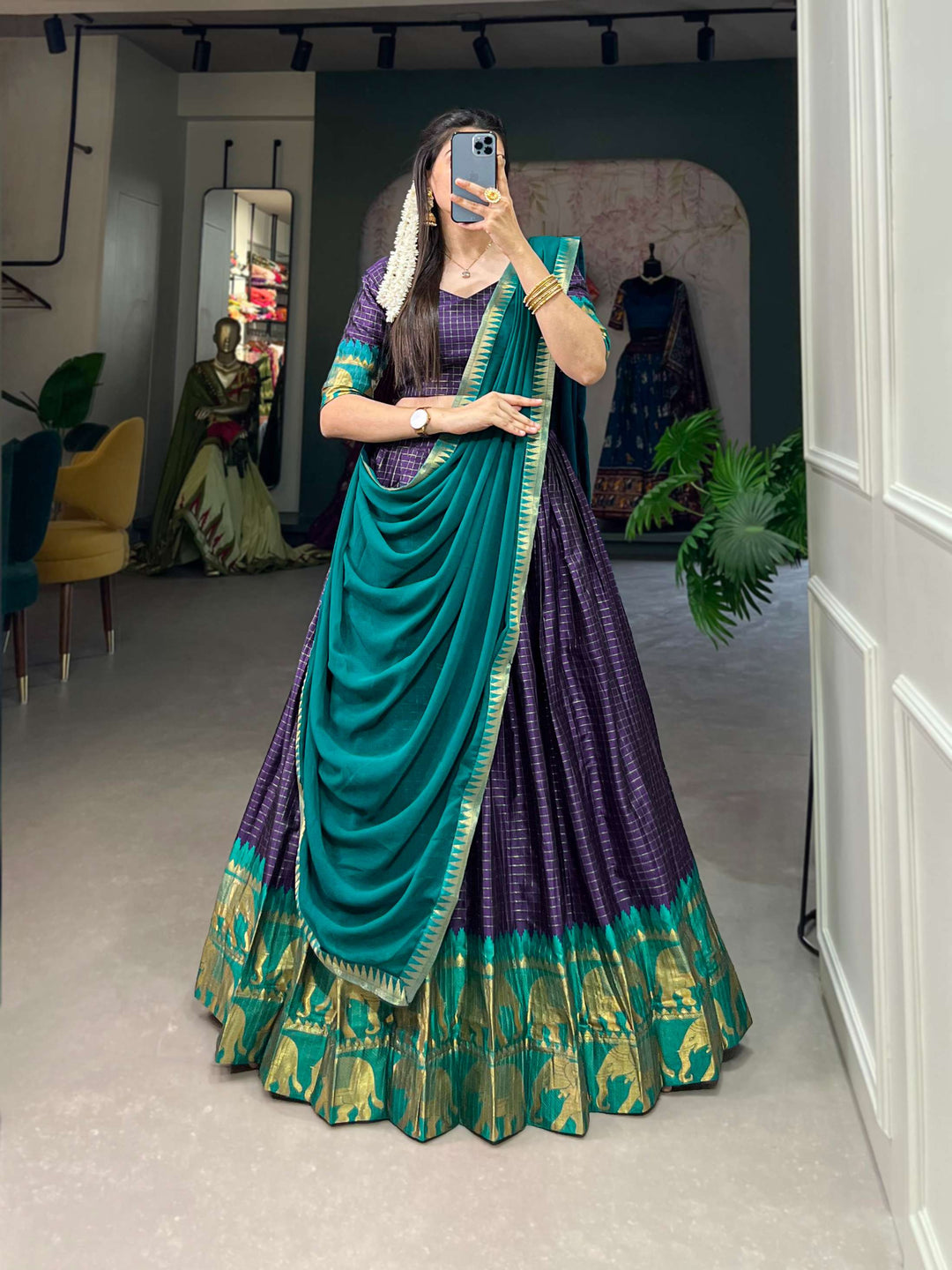 Navy Blue Poly Cotton Lehenga Choli - PAHRAVA